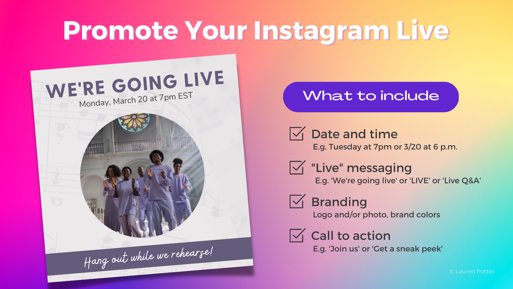 Graphic with text "Promote Your Instagram Live" and "What to include": date and time, messaging, branding, and call to action