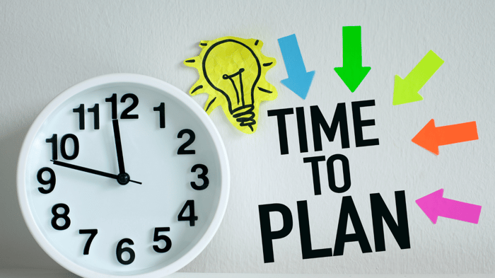 Wall clock next to colorful arrows, light bulb doodle, and bold text that reads “Time to Plan.”