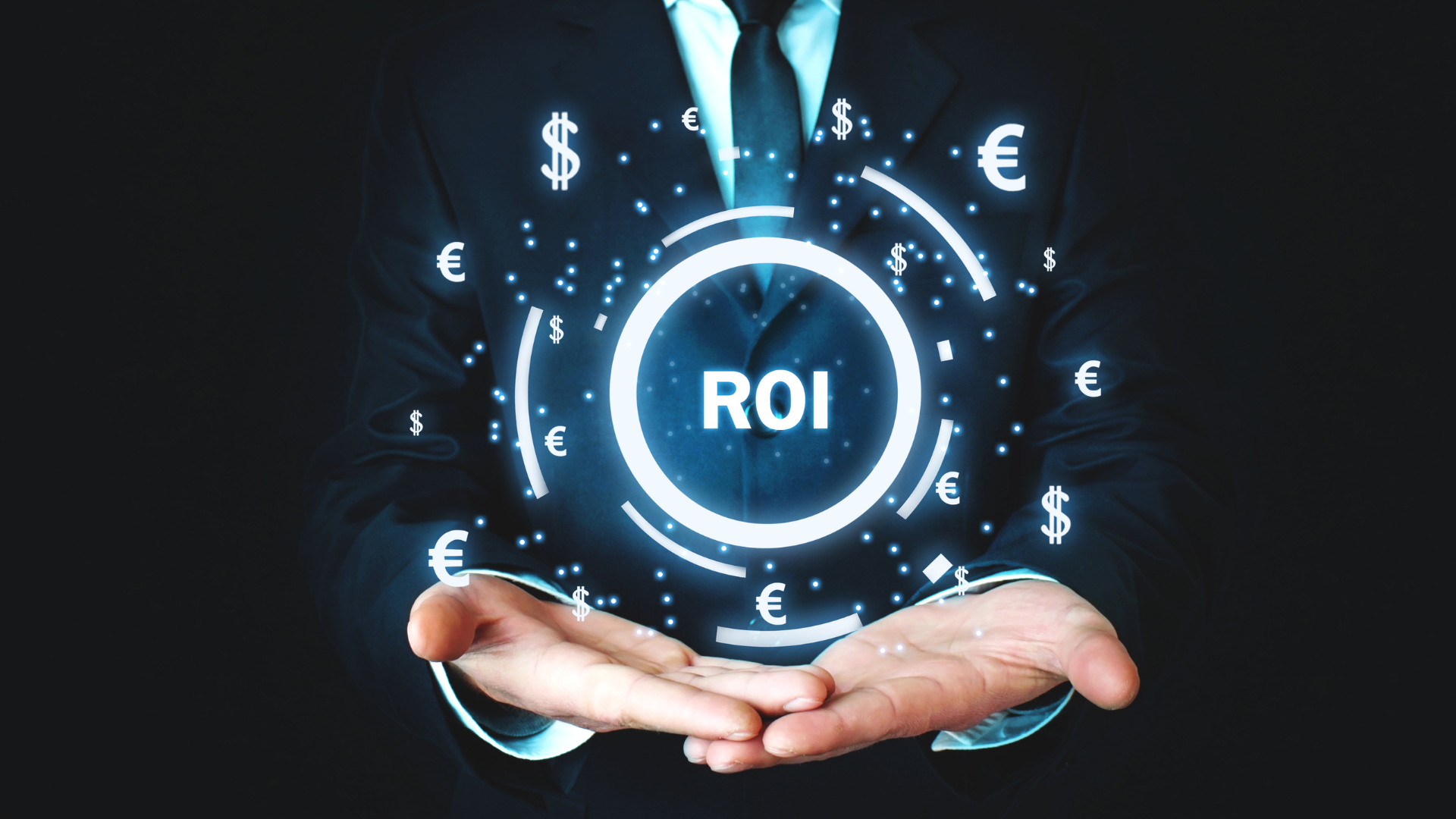 Businessman in a suit holding glowing digital icons with the word “ROI” surrounded by dollar and euro symbols.