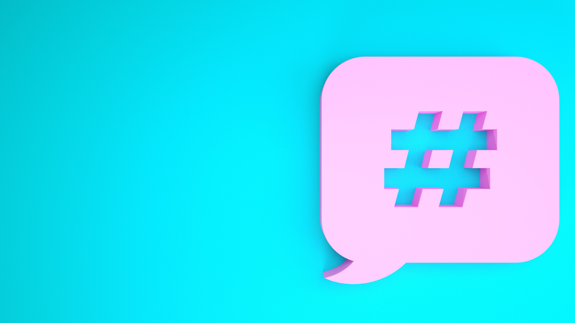 A digital rendering of a speech bubble icon with a hashtag  inside of it