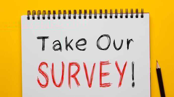 Image of a spiral-bound notebook with the words "take our survey" written on the page