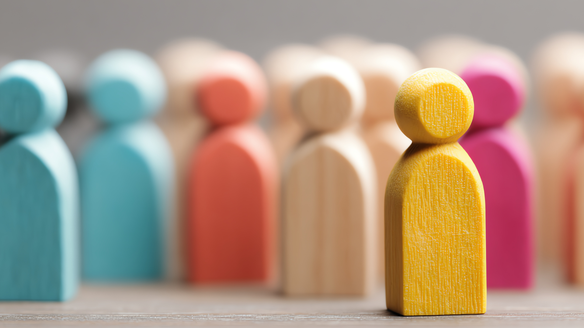 Photo of colorful wooden block people - a yellow person stands out in the front