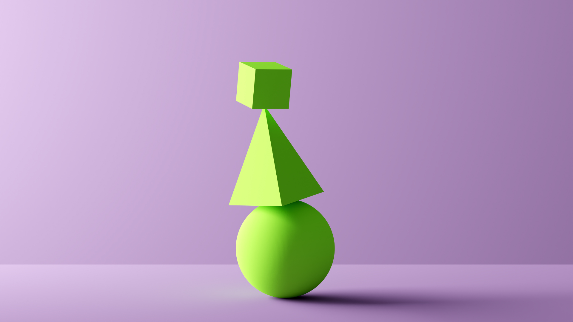 Three neon green 3-dimensional geometric blocks stacked on top of one another in a balancing act — a circle at the base, a triangle in the middle and a cube balancing on the top. The color pops on the purple backdrop.