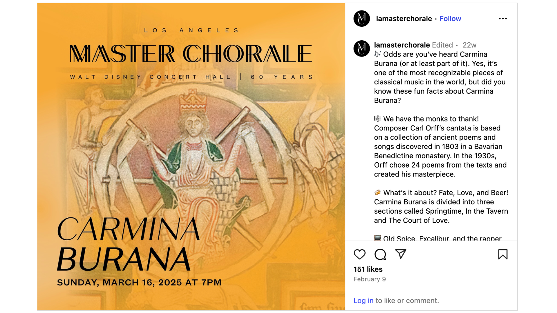 Screenshot of a post by the LA Philharmonic with a yellow graphic promoting its Carmina Burana concerts