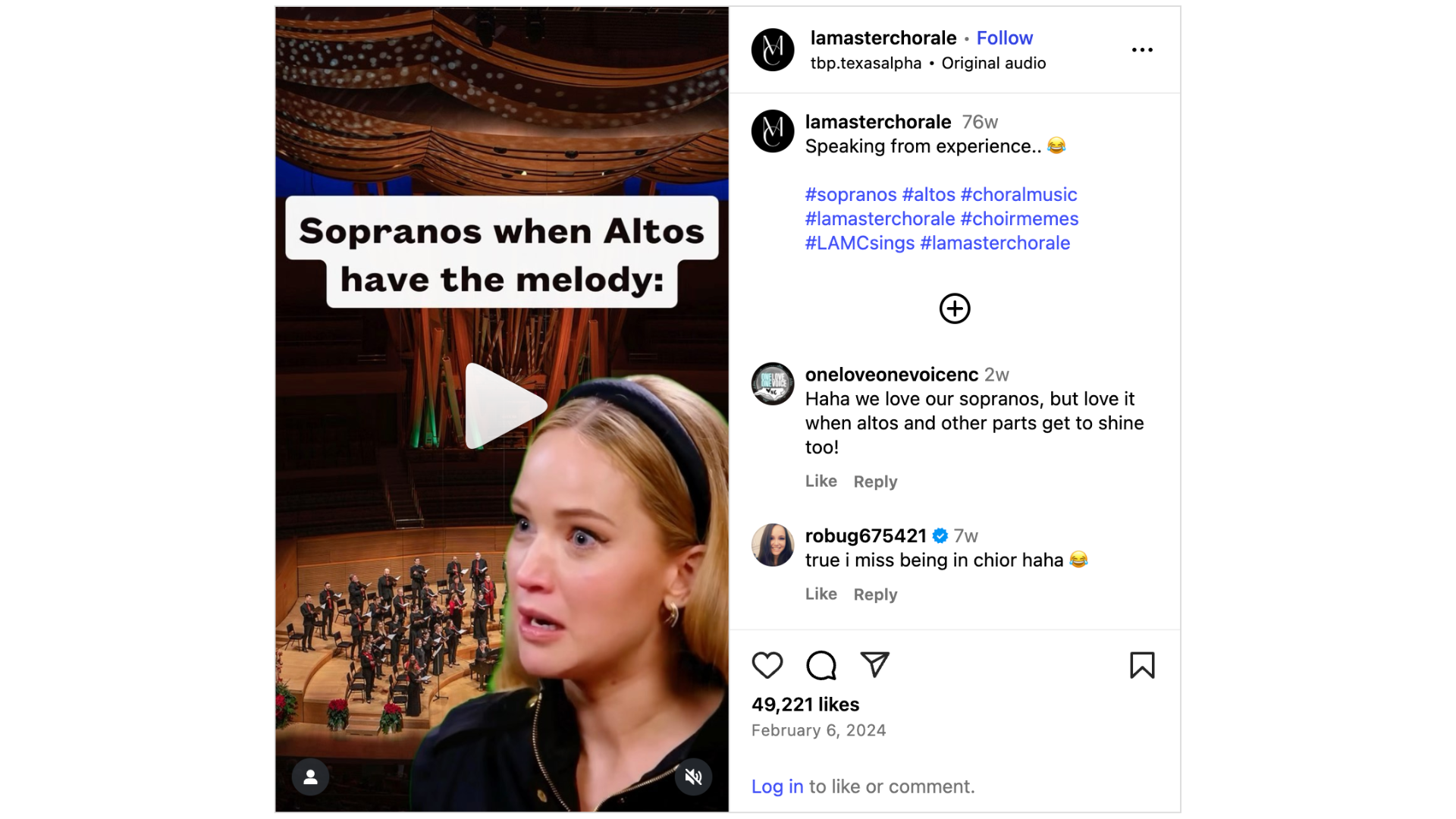 Screenshot of a social media post by LA Philharmonic which uses trending audio from actress Jennifer Lawrence.