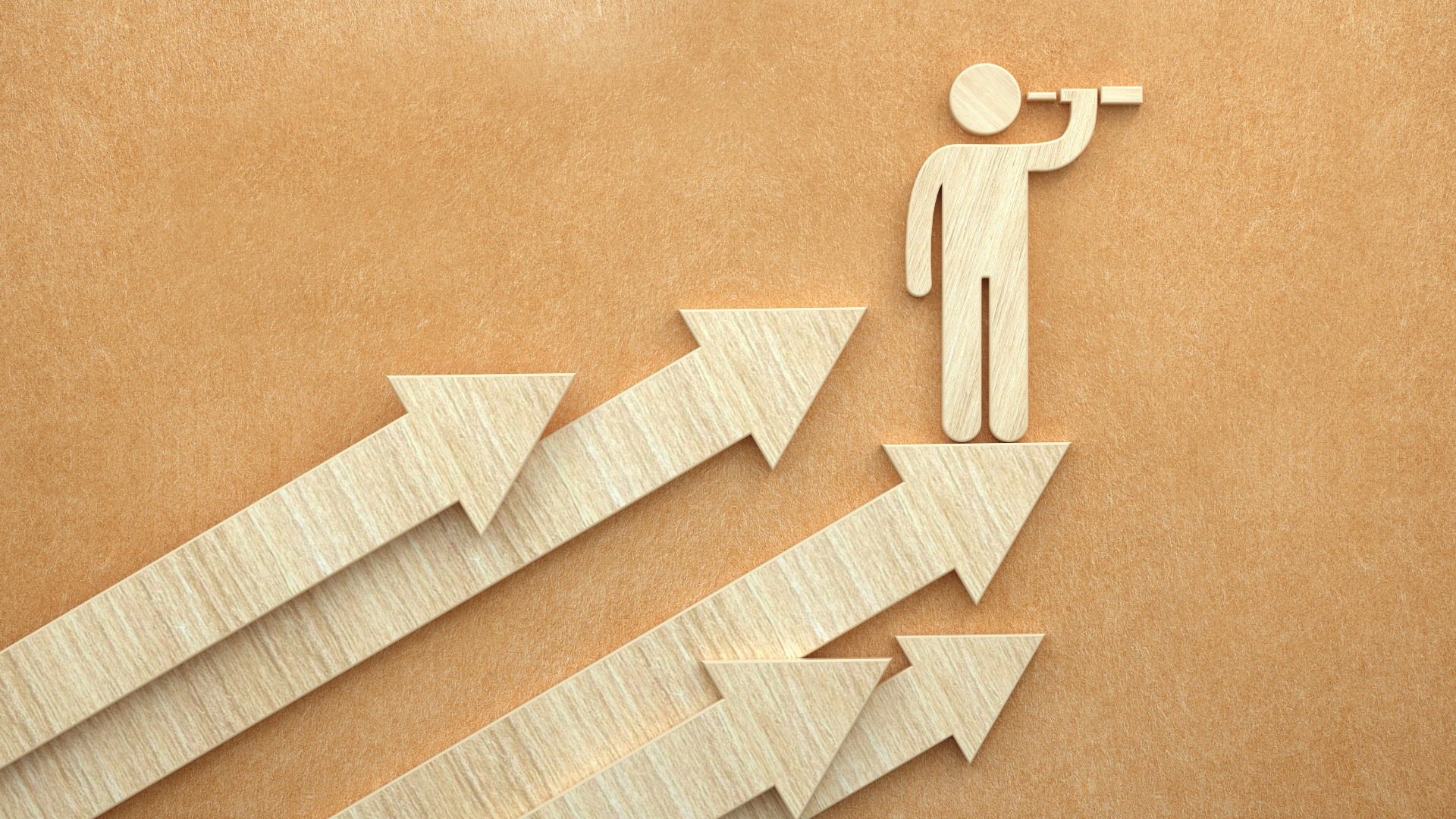 Wooden arrows pointing upward toward a human figure looking through binoculars, symbolizing growth and future vision.