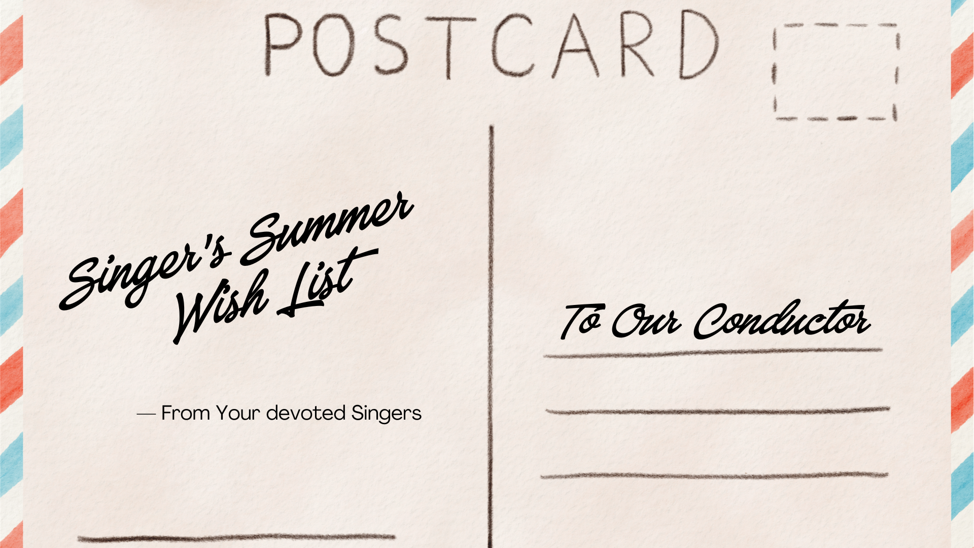 Photo of a postcard with "Singer's Summer Wish List" written on it