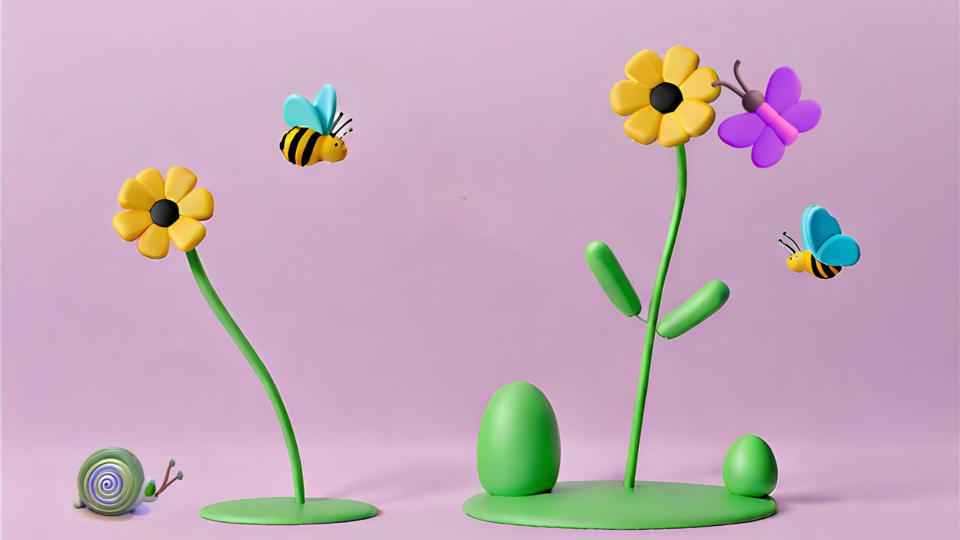 3D model of bumble bees, a butterfly flying around two yellow flowers — their green stems planted in the ground where a snail is seen 