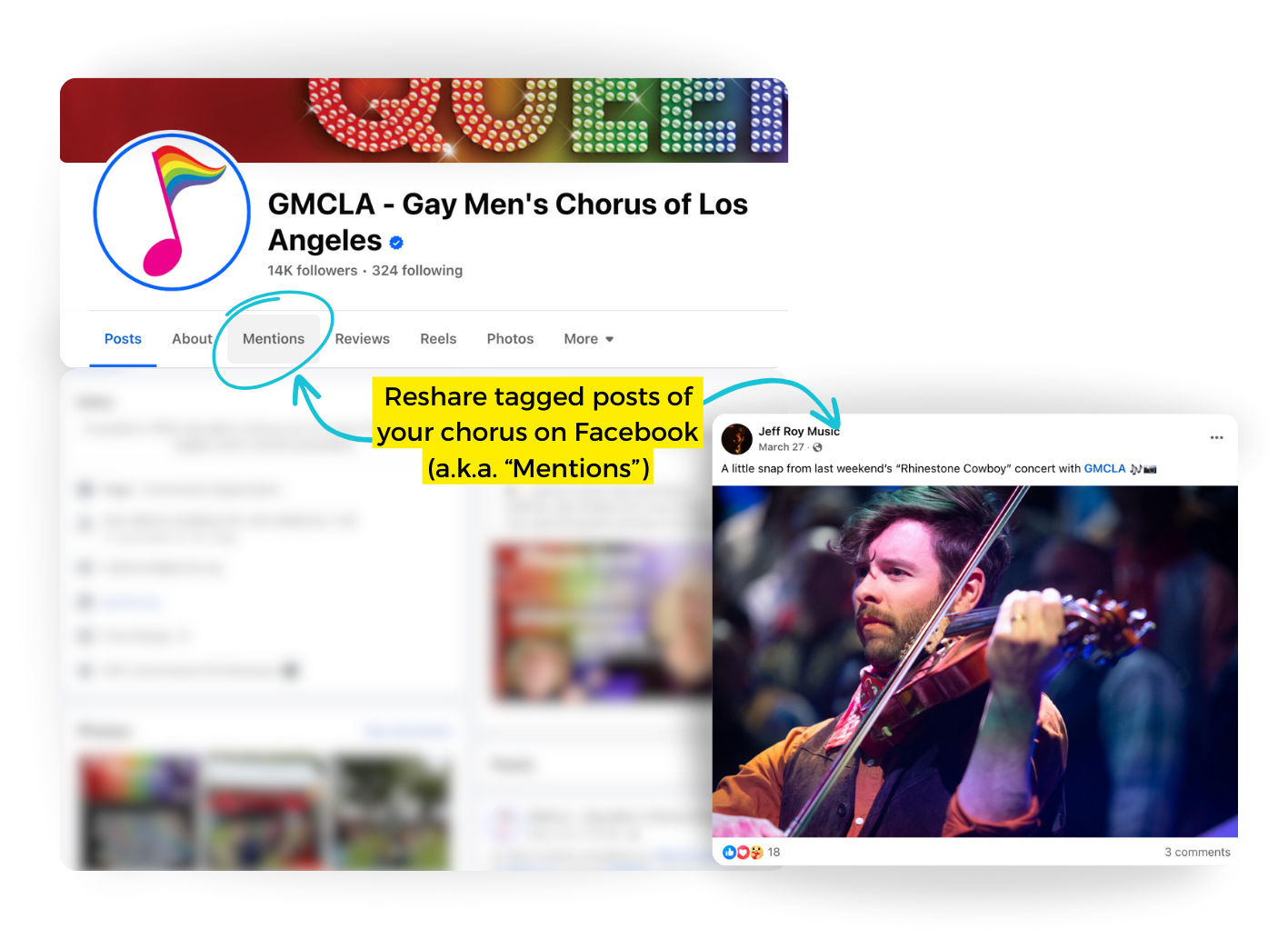 A screenshot of the "Mentions" posts on the Gay Men's Chorus of Los Angeles Facebook Page