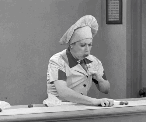 Lucille Ball ("I Love Lucy") works in a chocolate factory and begins stuffing chocolates down her shirt and in her mouth as she struggles to keep up with the speed of the conveyor belt in front of her