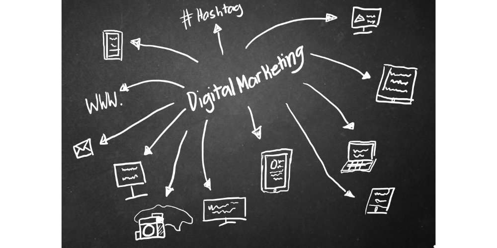 Digital Marketing illustration on a blackboard