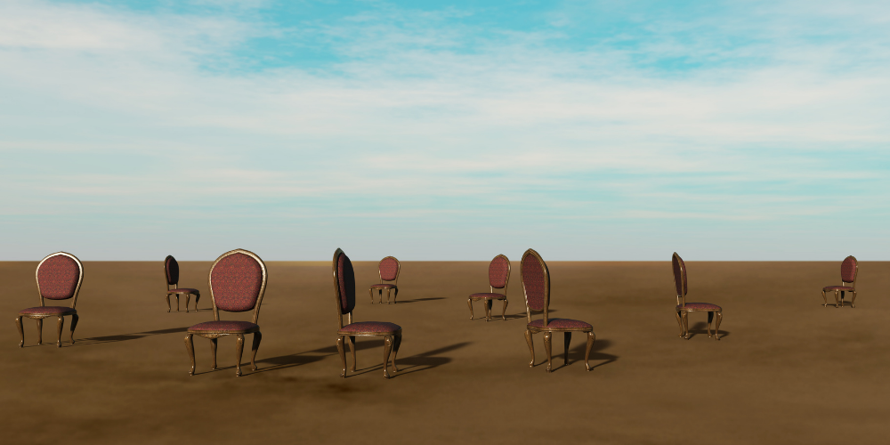 Surrealistic landscape with empty chairs facing away from each other