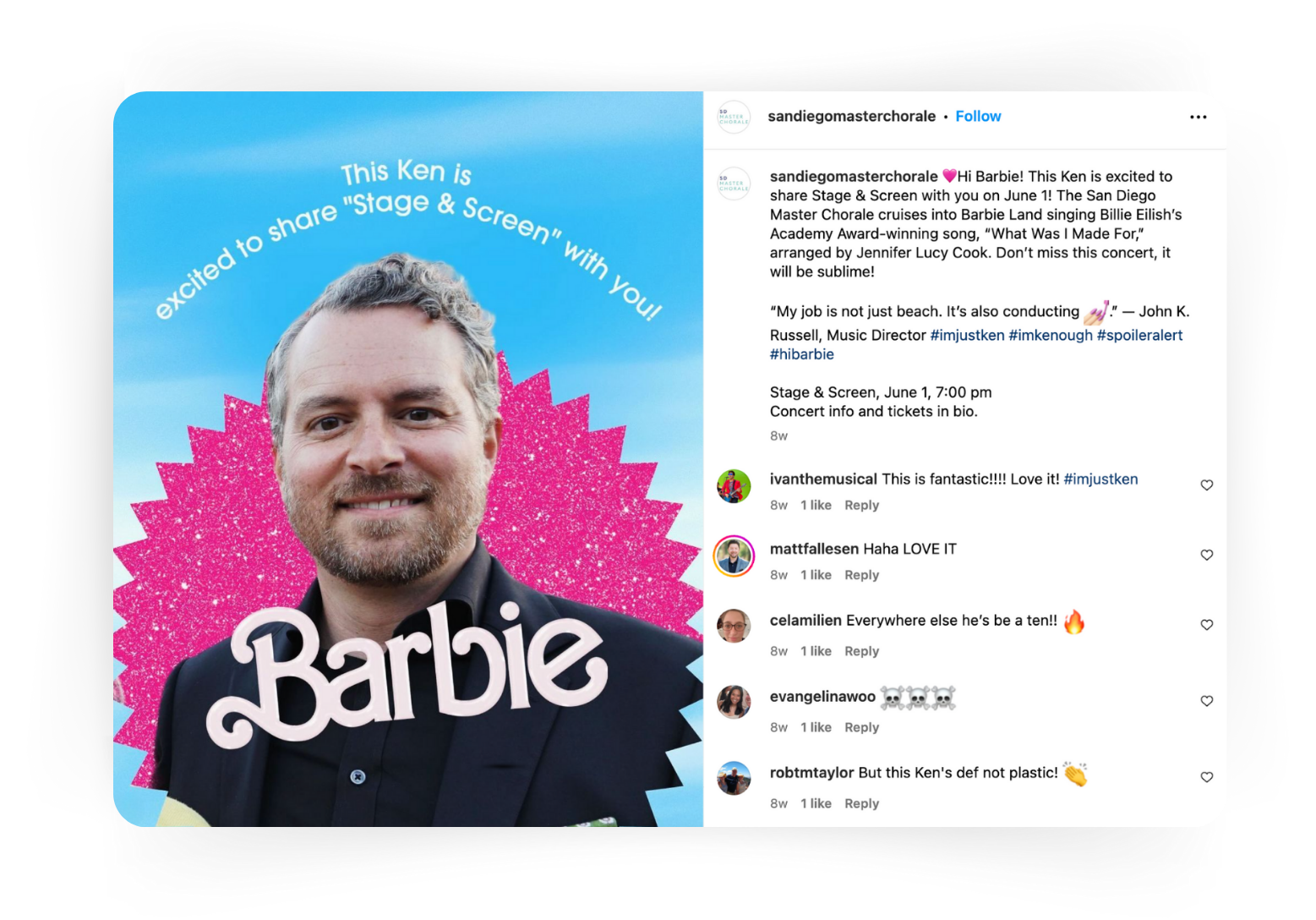 A screenshot of an Instagram graphic shared by the San Diego Master Chorale that shows a man surrounded by "Barbie" branding, with text on the image that introduces the man as "Ken" following a popular social media trend took off during "The Barbie Movie"