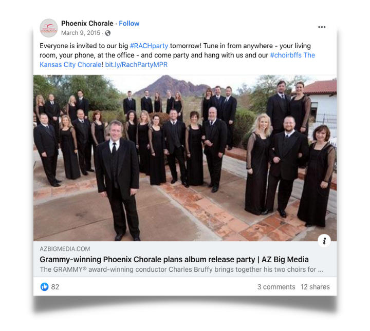 Screen grab of a Facebook post with a group photo of a choir
