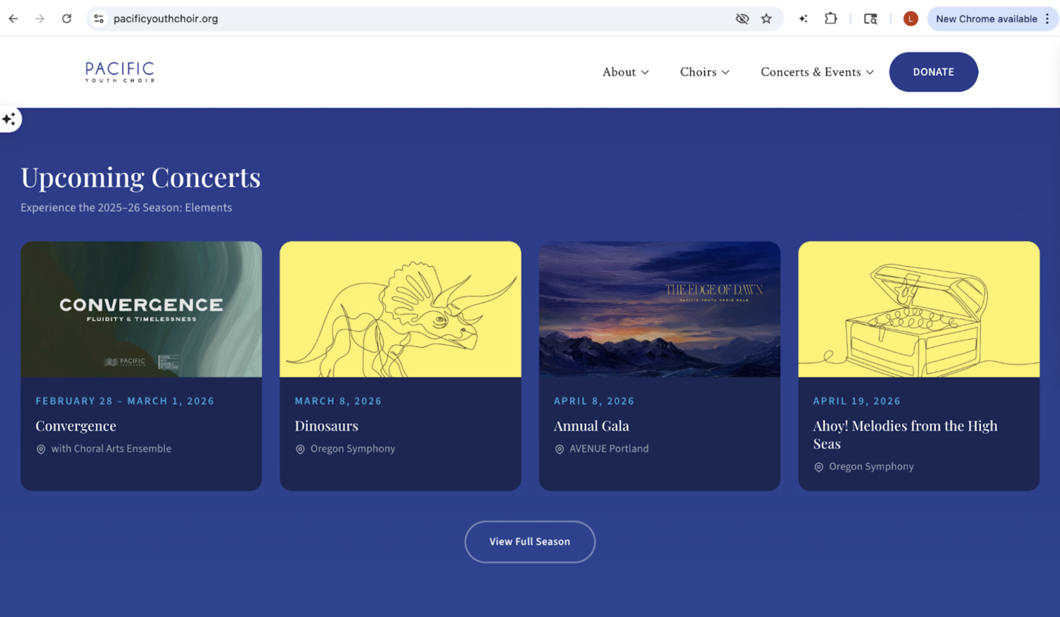 Screenshot of Pacific Youth Choir's upcoming concerts on the homepage