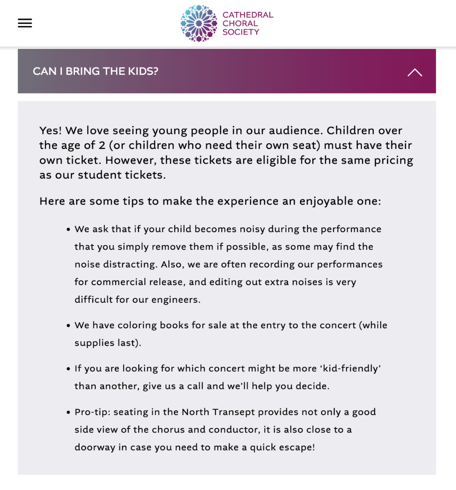 Screenshot of Canterbury Voices website FAQ section titled "Can I bring the kids"