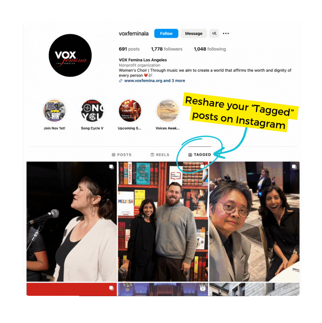 A screen recording of scrolling through the Vox Femina Los Angeles Instagram page "tagged" posts