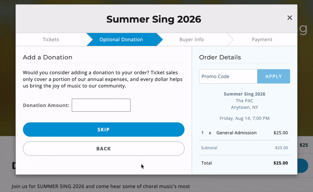 Demo of a patron adding a donation to their ticket purchase