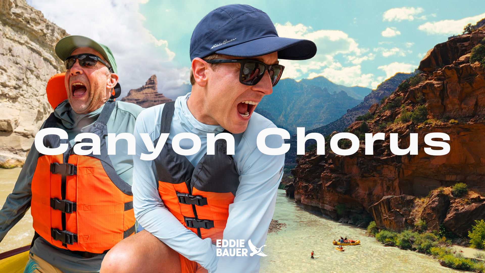 canyon chorus documentary cover with two men, larry and mikah, excitedly rafting down a river