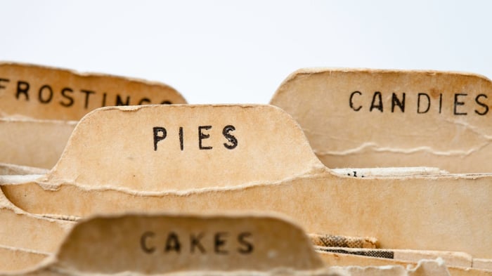 close up of worn brown paper dessert recipe card dividers for cakes pies candies and frosting