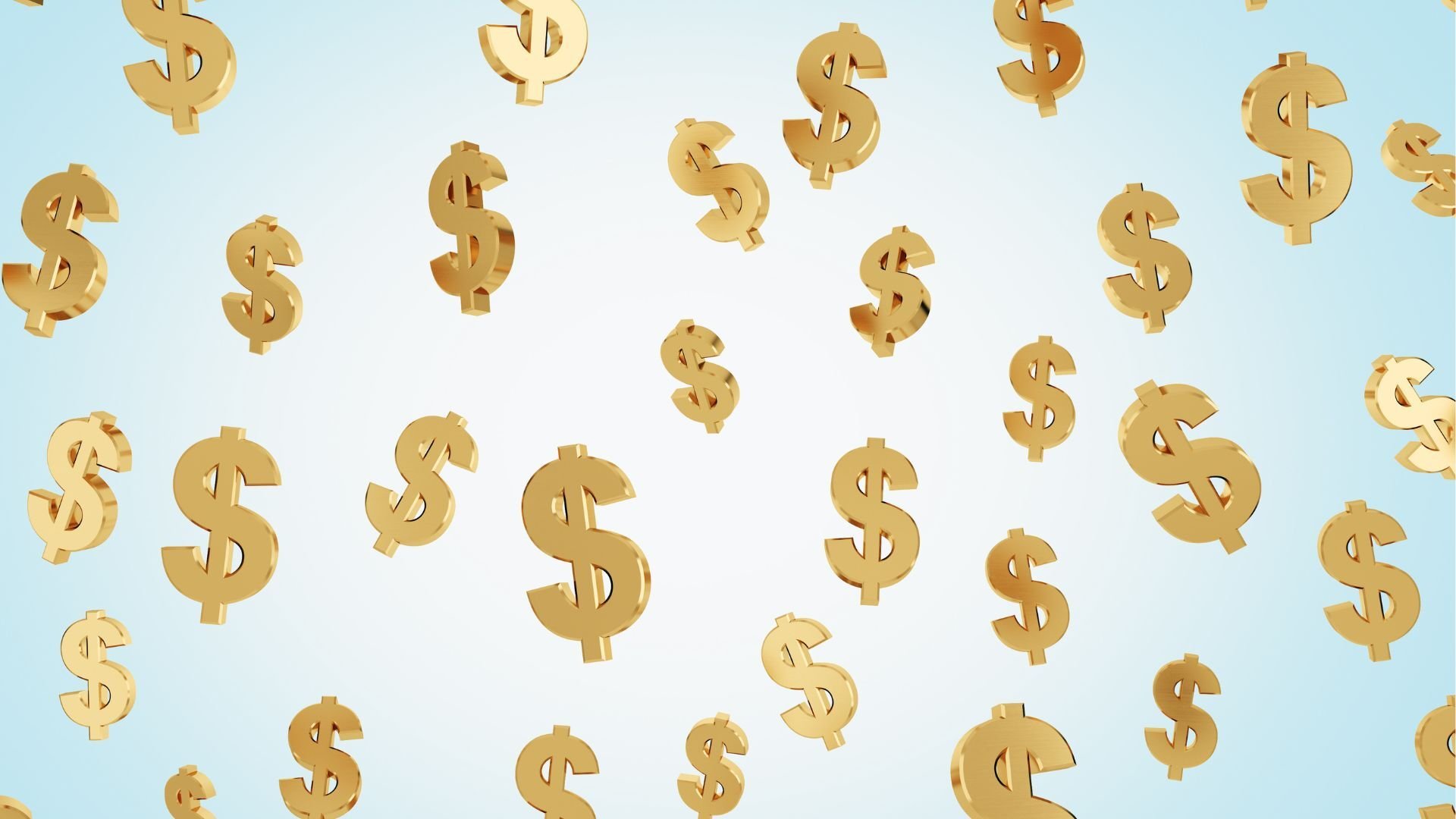 metallic gold dollar signs raining down in front of a blue sky