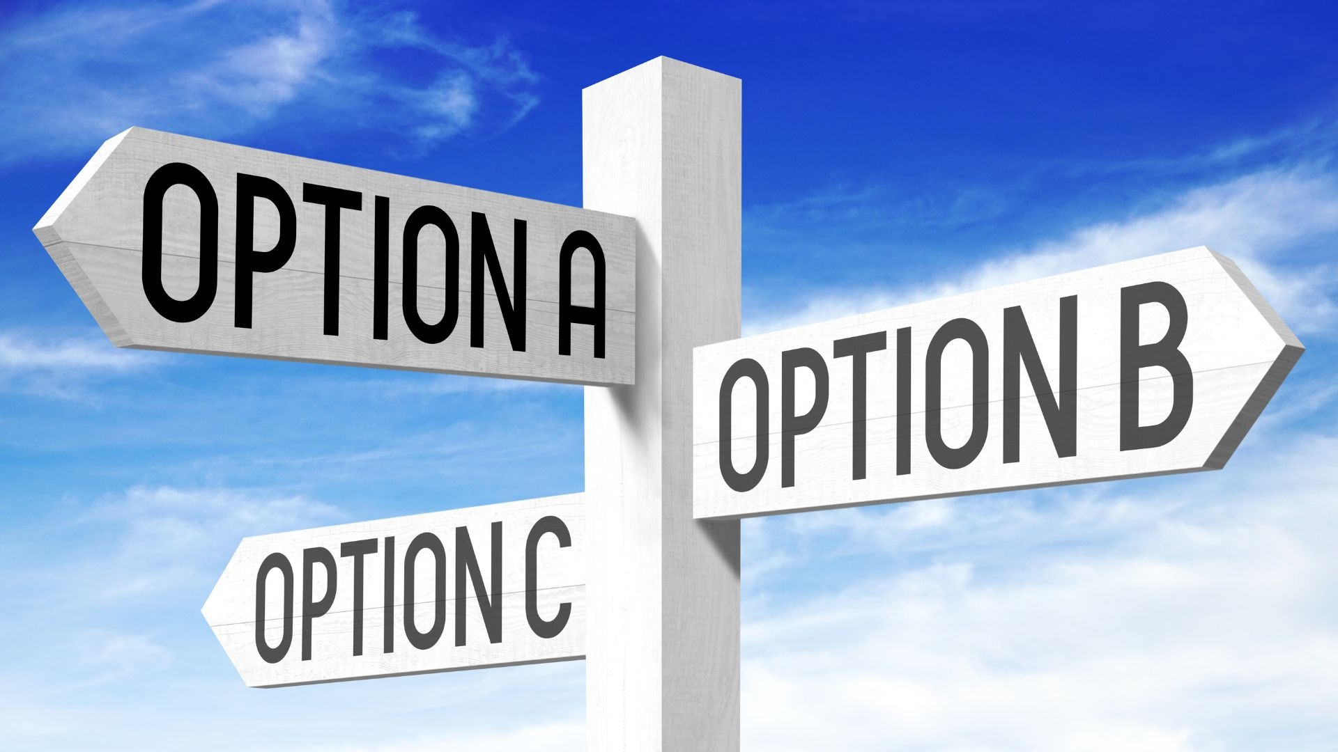 White signpost with directional signs pointing to "option a" "option b" and "option c"