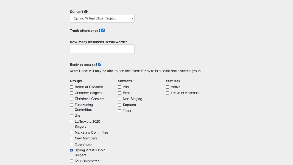 Calendar Options in Chorus Connection